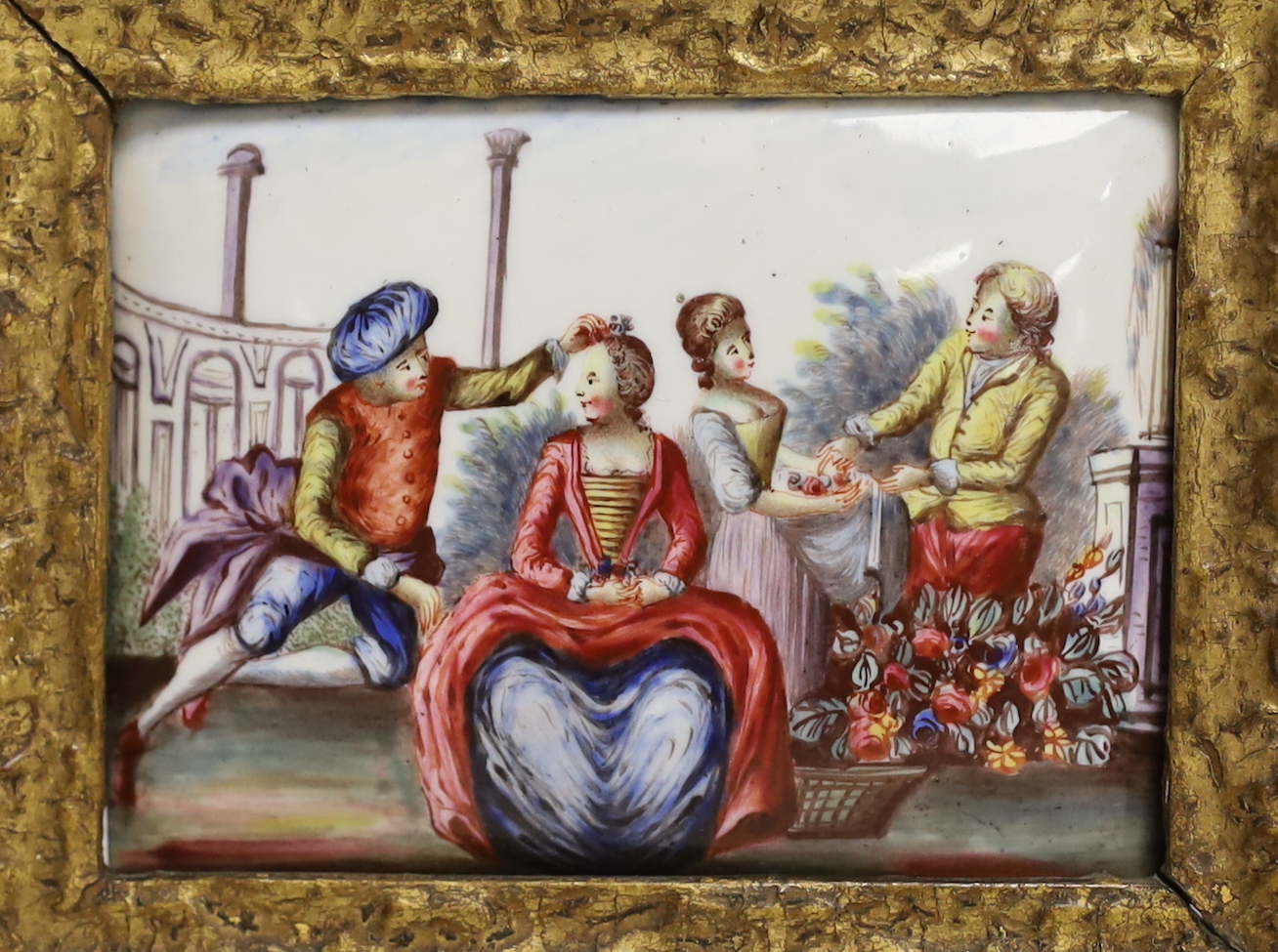 A framed pair of 18th century French enamel on copper plaques, 12x15cm total